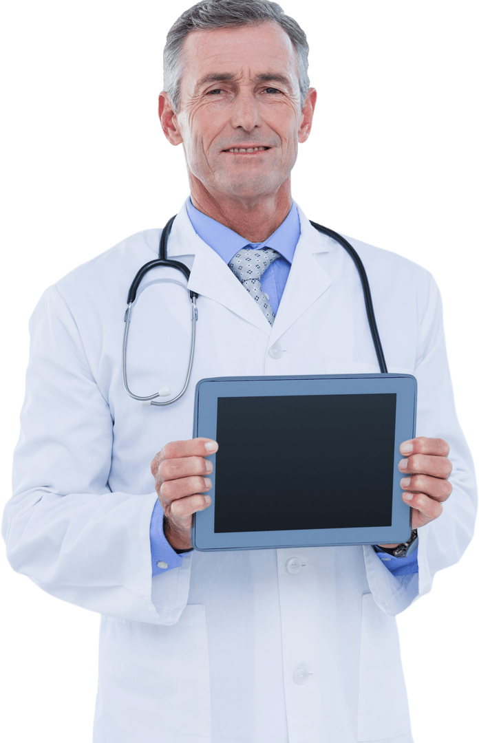 Transparent Senior Doctor Displaying Digital Tablet