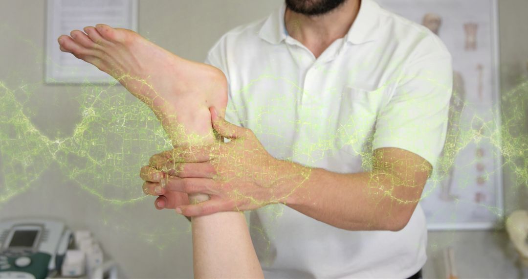 Chiropractor Adjusting Female Patient Ankle with Digital Interface Concept