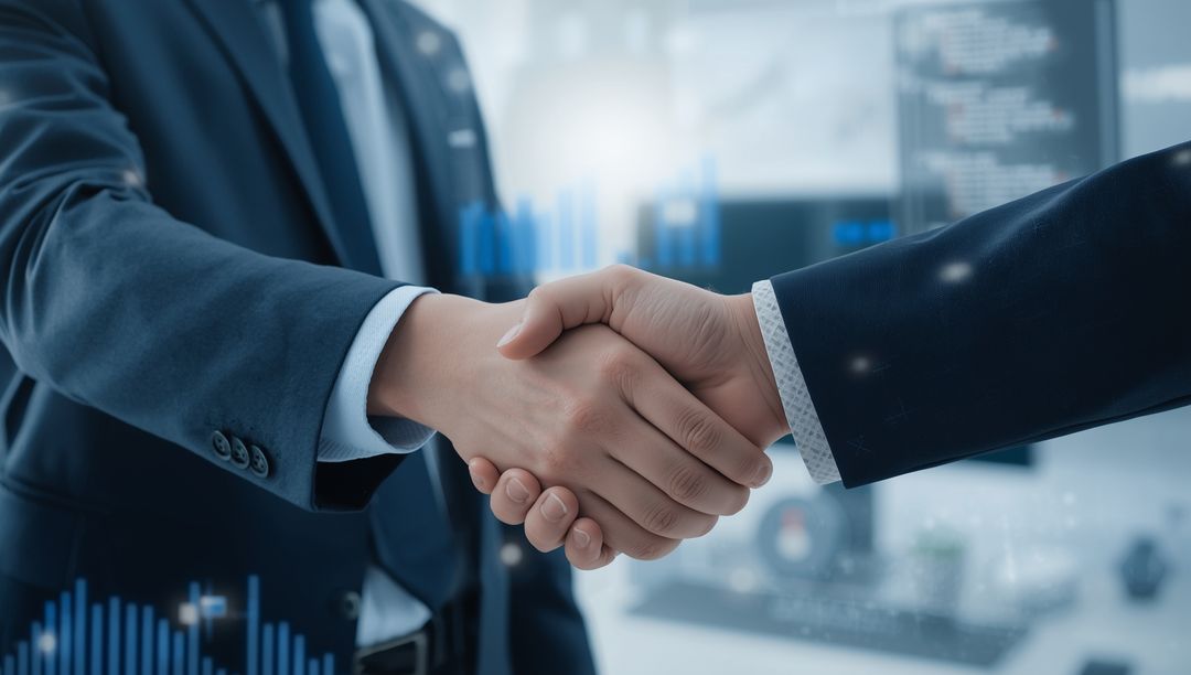 Business Pair Shaking Hands in Technology-Driven Office