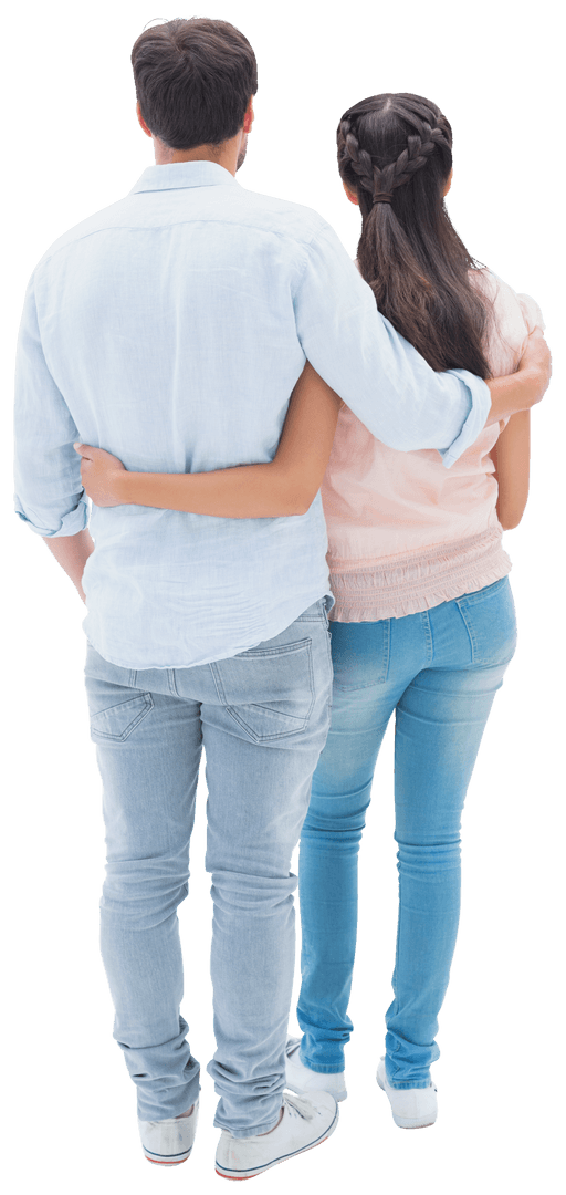 Transparent Couple Embracing from Behind in Casual Clothes