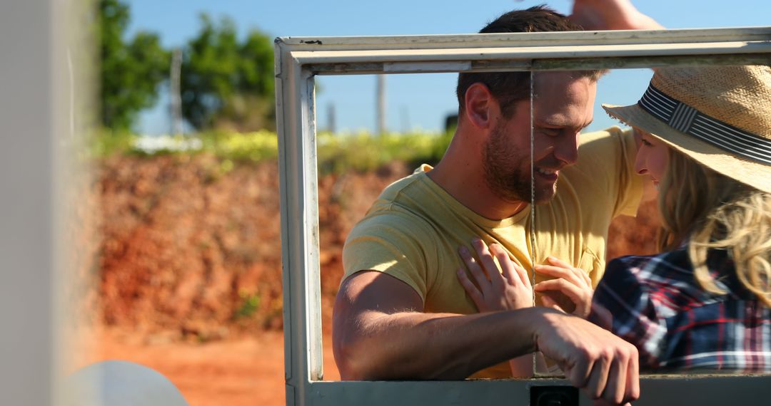 Caucasian Couple Enjoying Sunny Day in Open Vehicle