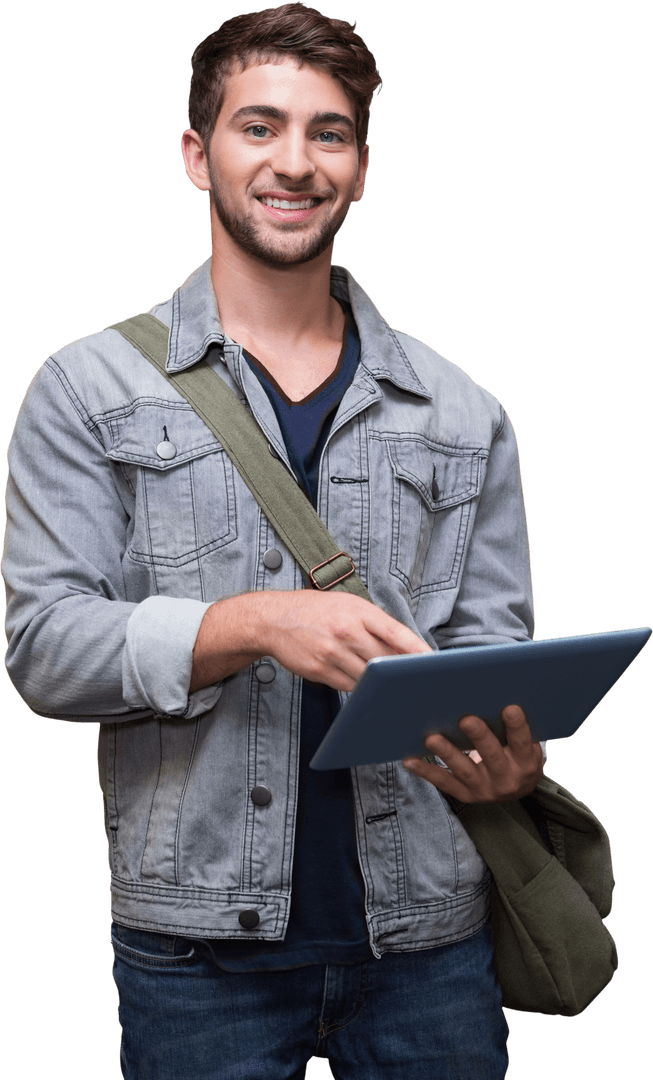 Smiling Student Using Tablet Transparent Background