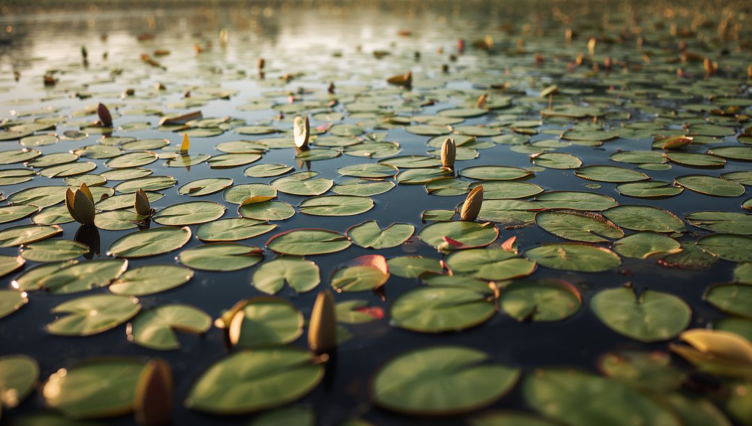 Serene Pond with Floating Lily Pads and Rising Buds