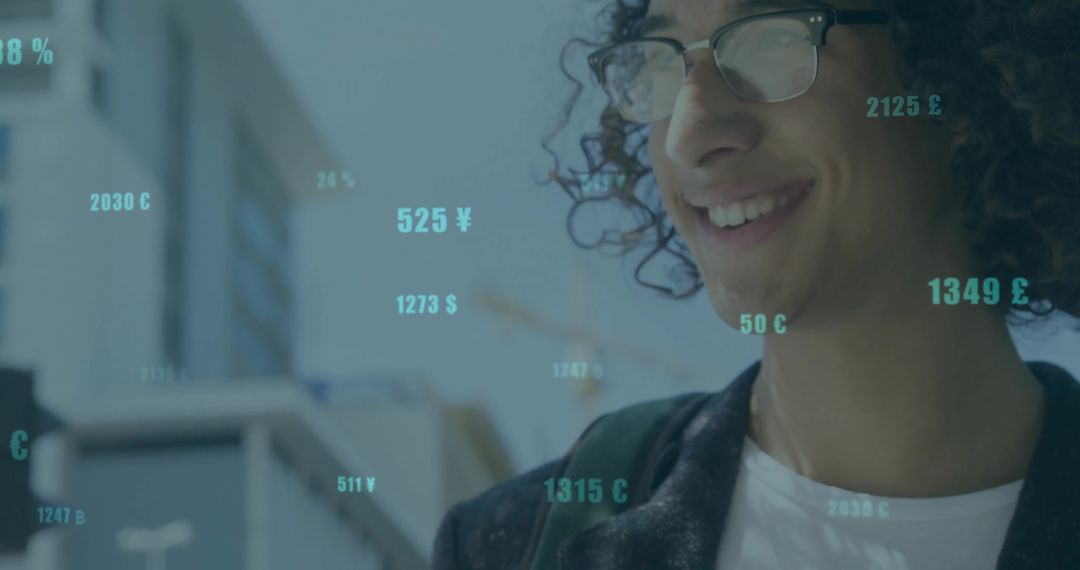 Smiling Man with Falling Currency Symbols on City Street