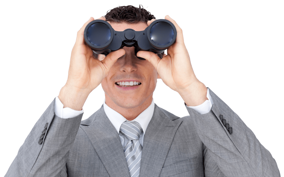 Caucasian Businessman Using Binoculars on Transparent Background