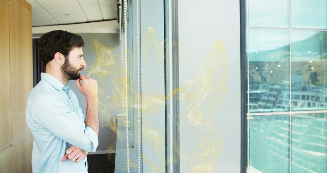 Professional Pondering City Skyline from Office Window