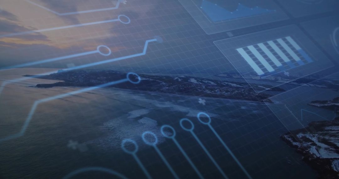 Isolated Rocky Island at Sunset with Futuristic Circuit Overlay