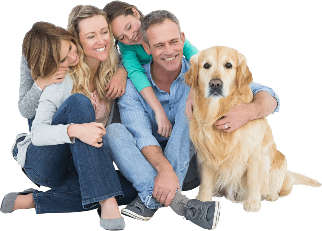 Happy Family Posing with Golden Retriever on Transparent Background