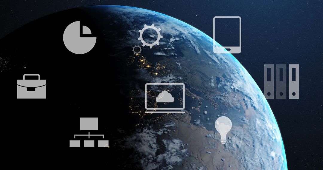 Planet Earth with Digital Interface Icons Representing Technology and Innovation