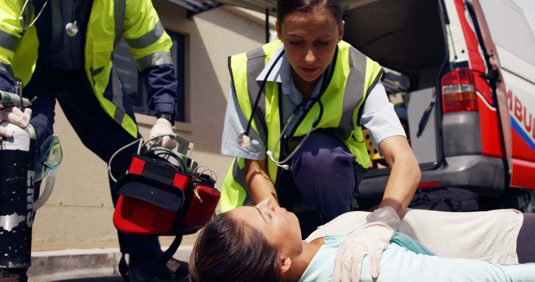 Paramedics Administering Emergency Aid to Unconscious Woman Outdoors - Free Images, Stock Photos and Pictures on Pikwizard.com