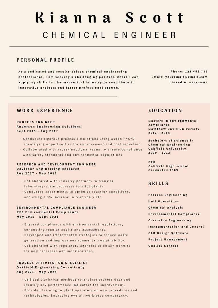 Professional Resume Template for Chemical Engineers Highlighting Skill and Experience - Download Free Stock Templates Pikwizard.com
