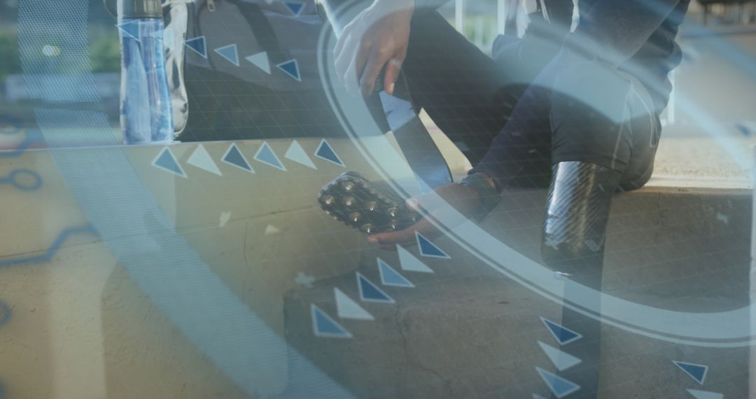 Disabled Athlete Adjusting Prosthetic with Digital Data Overlay