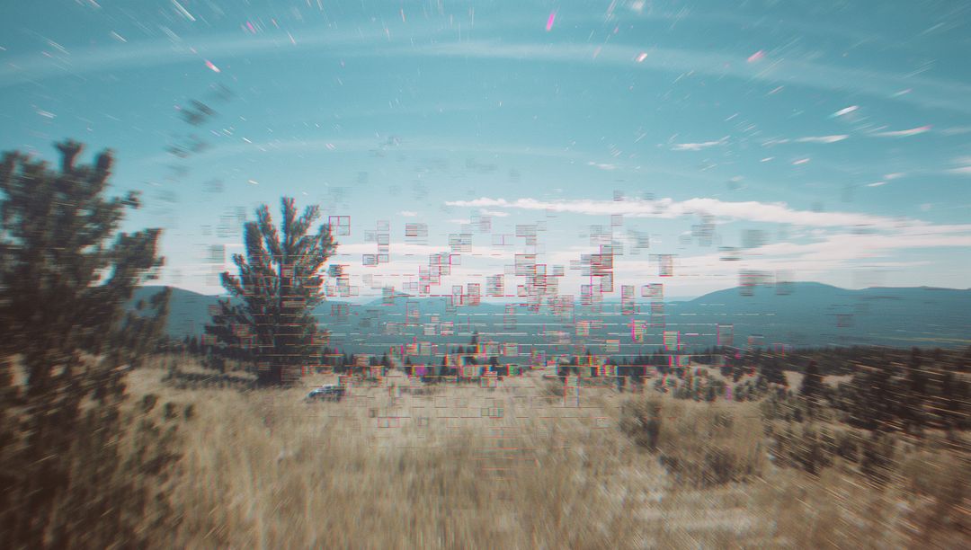 Surreal Landscape with Glitch Effect and Mountains