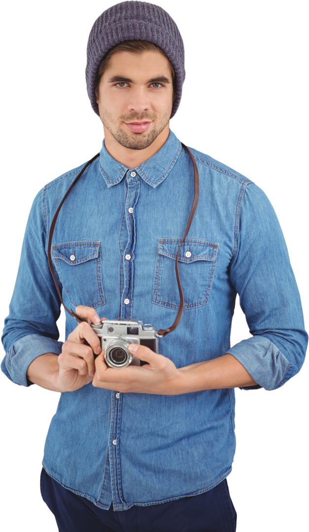 Transparent Portrait of Confident Man Holding Camera in Casual Denim Attire - Download Free Stock Images Pikwizard.com