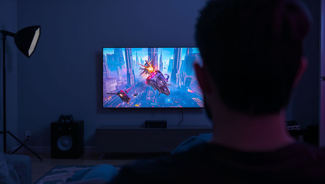 Person Playing Video Game in Modern Home Setting During Night