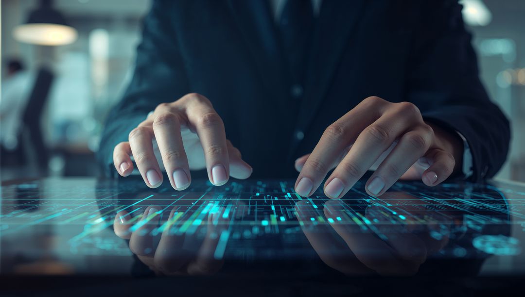 Executive Interacting with Futuristic Holographic Touchscreen