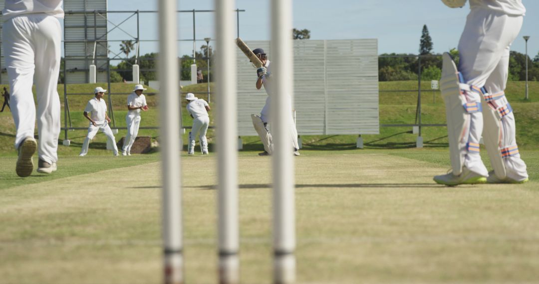 Cricket Players in Action on Grass Field During Match - Free Images, Stock Photos and Pictures on Pikwizard.com