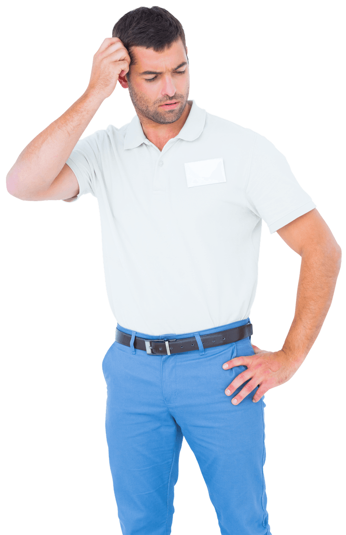 Transparent Shirted Man Thinking with Puzzled Expression