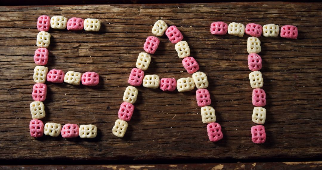 Cereal Letters Forming Word Eat on Wooden Table - Free Images, Stock Photos and Pictures on Pikwizard.com