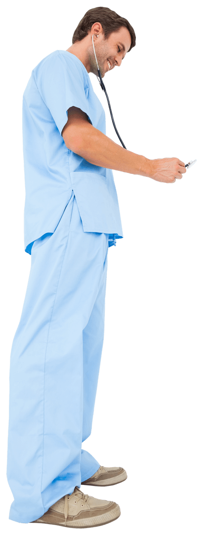 Young Surgeon in Transparent Uniform Using Stethoscope