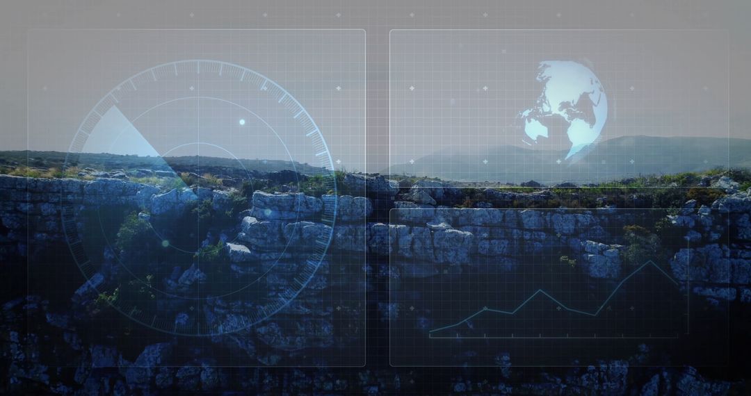 Rugged Cliff Landscape with Futuristic Data Overlay