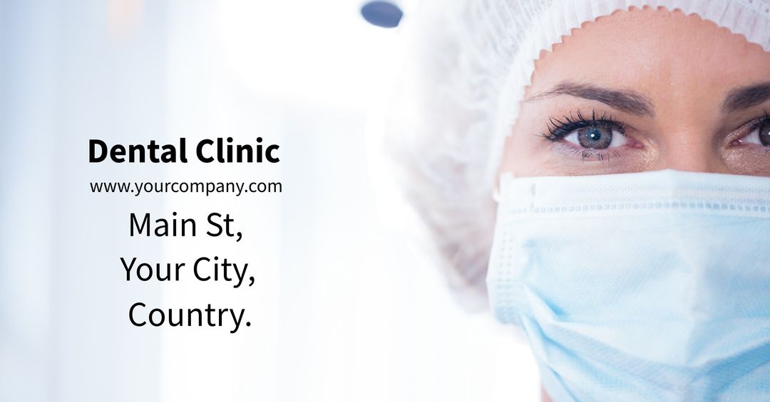 Dentist Smiles Behind Mask with Healthcare Contact Details