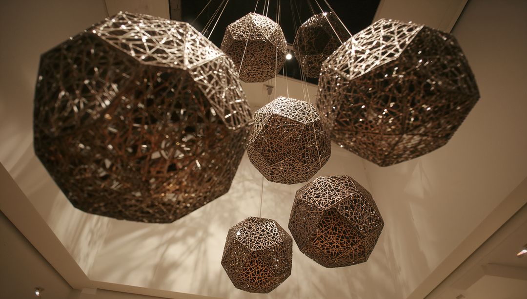 Modern Geometric Lattice Sculptures Hanging from Ceiling