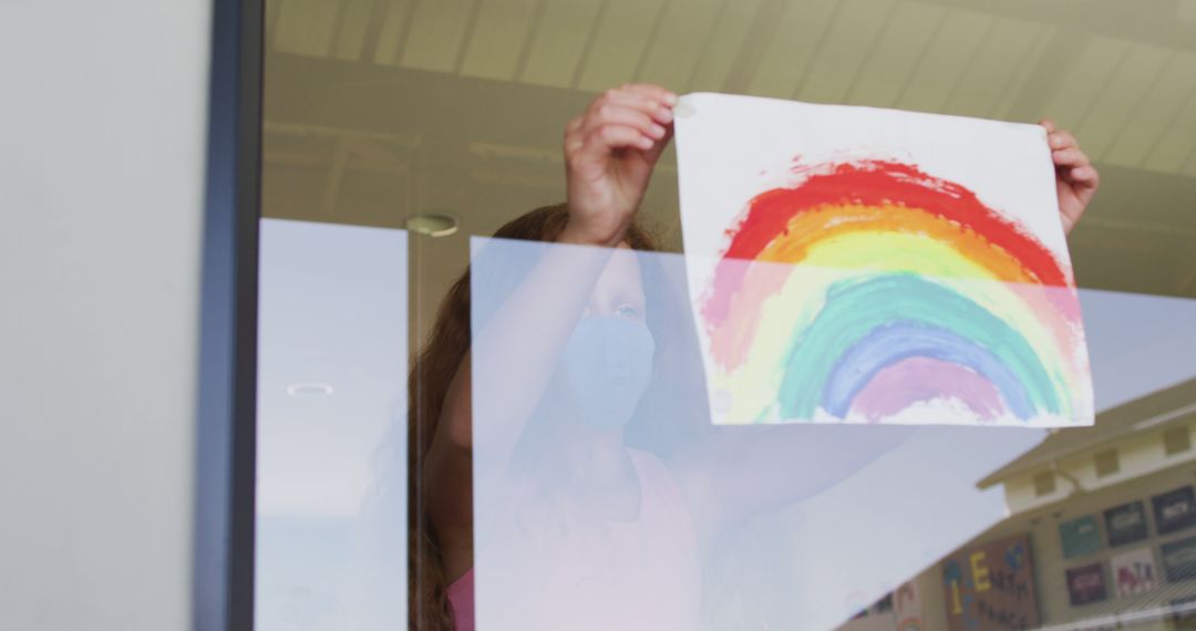Girl Displaying Rainbow Artwork Through Window - Free Images, Stock Photos and Pictures on Pikwizard.com