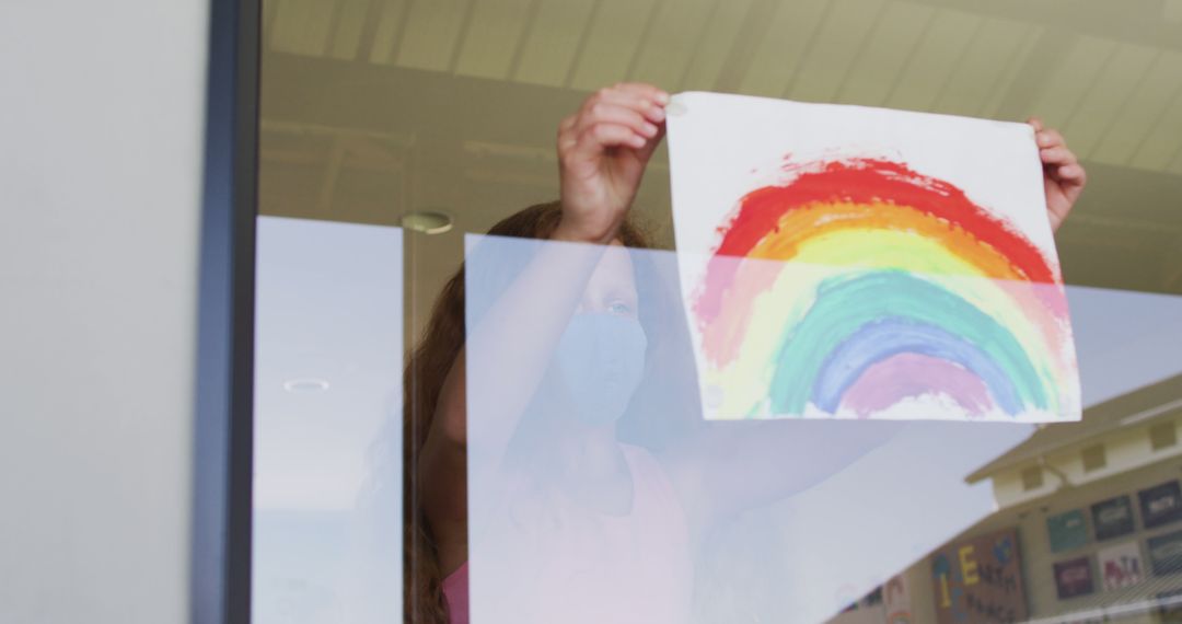 Schoolgirl wearing face mask, glueing a rainbow drawing on a window - Free Images, Stock Photos and Pictures on Pikwizard.com