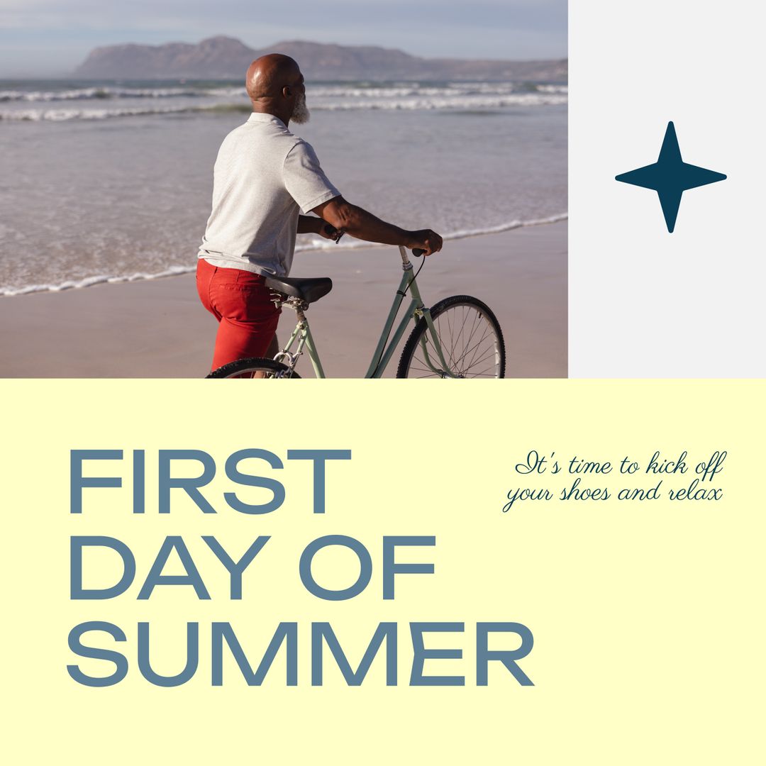 Senior Man Enjoying Bike Walk on Beach First Day of Summer