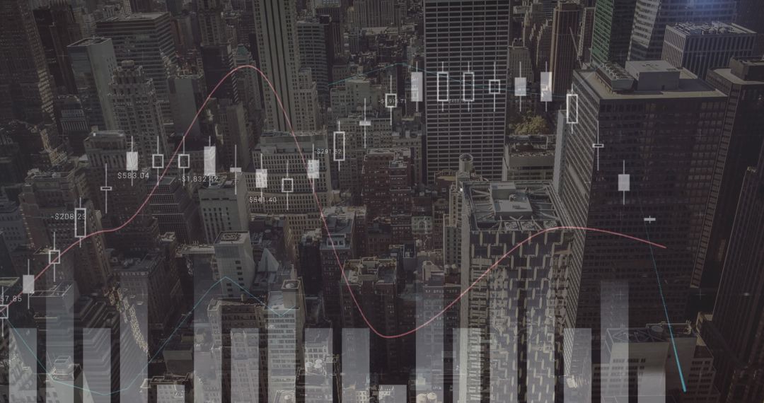 Cityscape with Digital Financial Graphs Overlaid