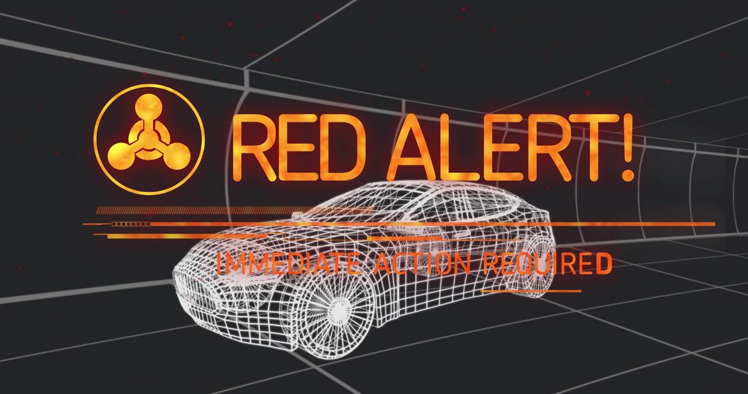 Futuristic Wireframe Car with Red Alert Warning in Digital Tunnel