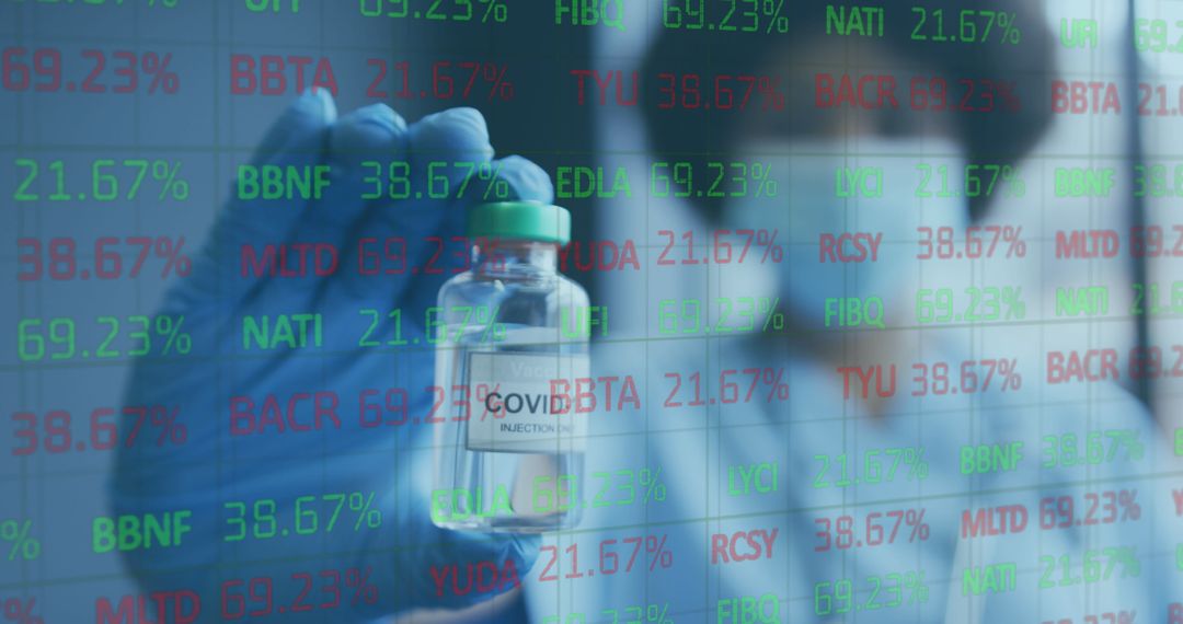 Researcher Analyzing Vaccine Vial Amidst Stock Data Overlay