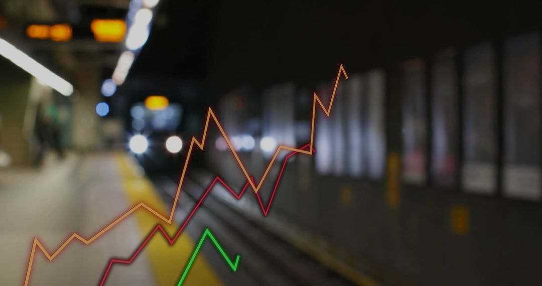Digital Data Analytics Overlaying Urban Train Platform at Dusk