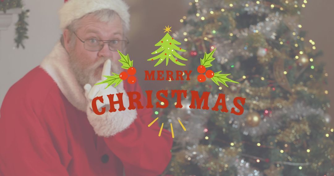 Santa Claus Blessing and Whisper Gesture Near Christmas Tree