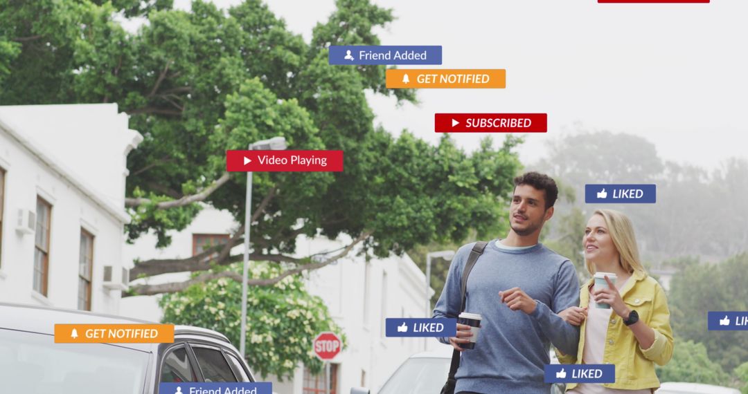 Couple Surrounded by Social Media Icons Displaying Online Interaction