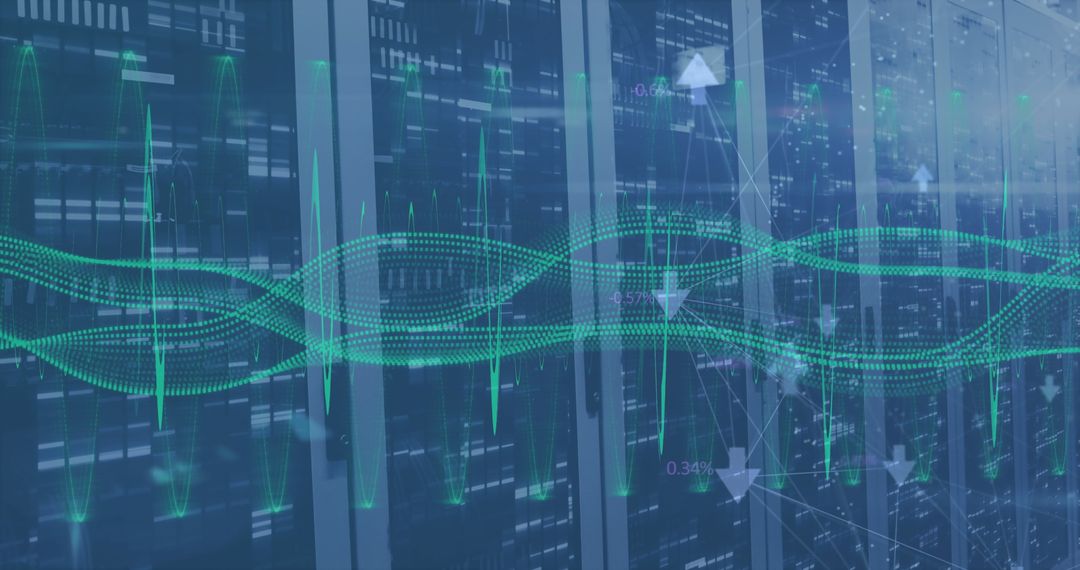 Digital Interface with Arrows Overlaying a Server Room