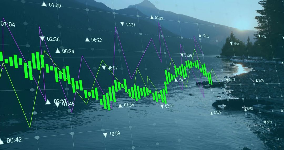 Overlaying Data on Serene Lake Landscape at Dawn