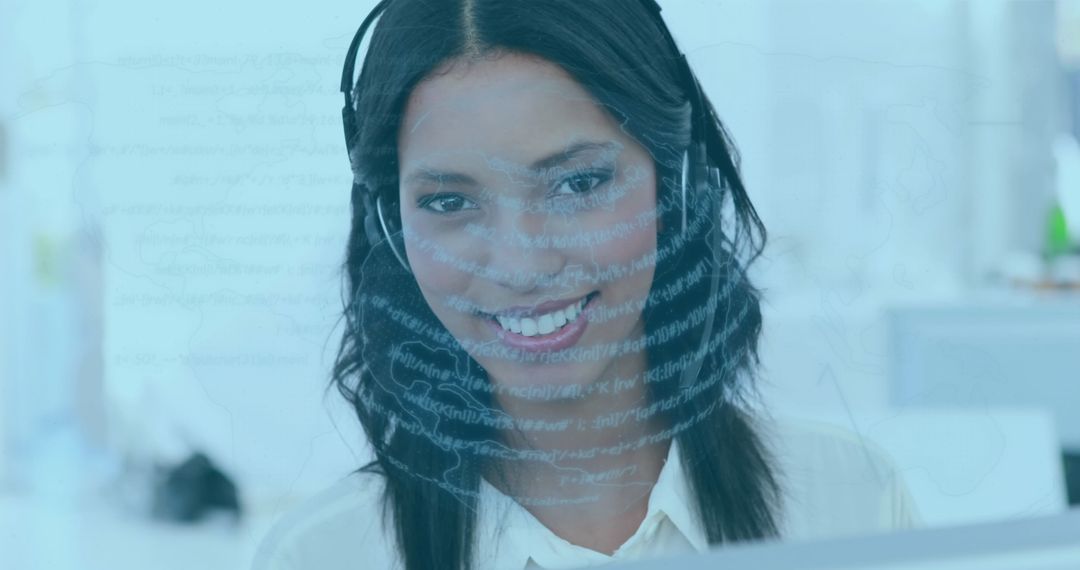 Smiling Customer Support Agent with Digital Interface Overlay