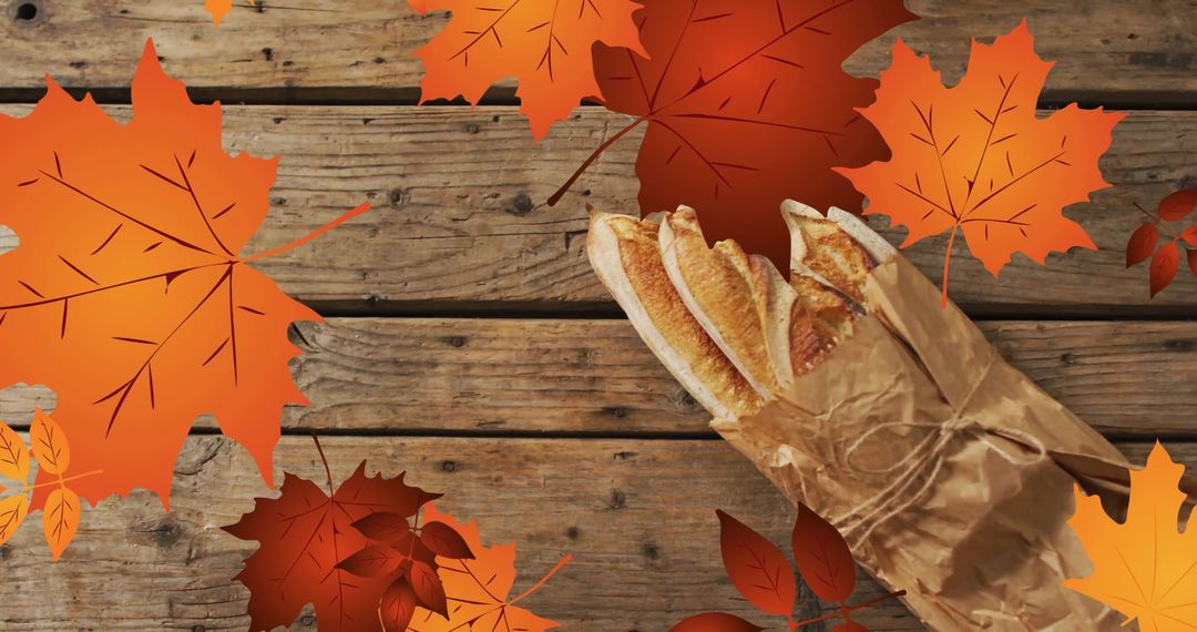 Autumn Leaves Surround Bread Baguettes on Rustic Table