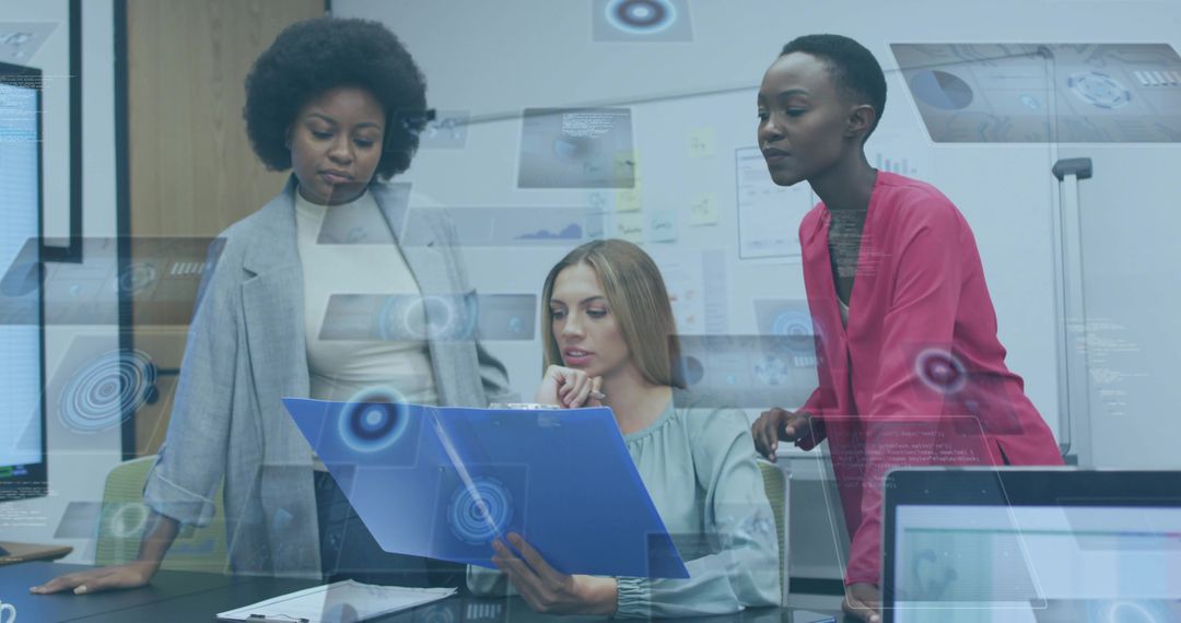 Multiracial professionals collaborating over analytics folder in modern office meeting