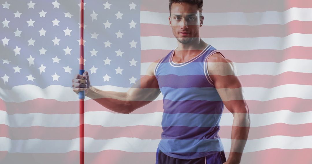 Patriotic Athlete Holding Javelin with USA Flag Overlay