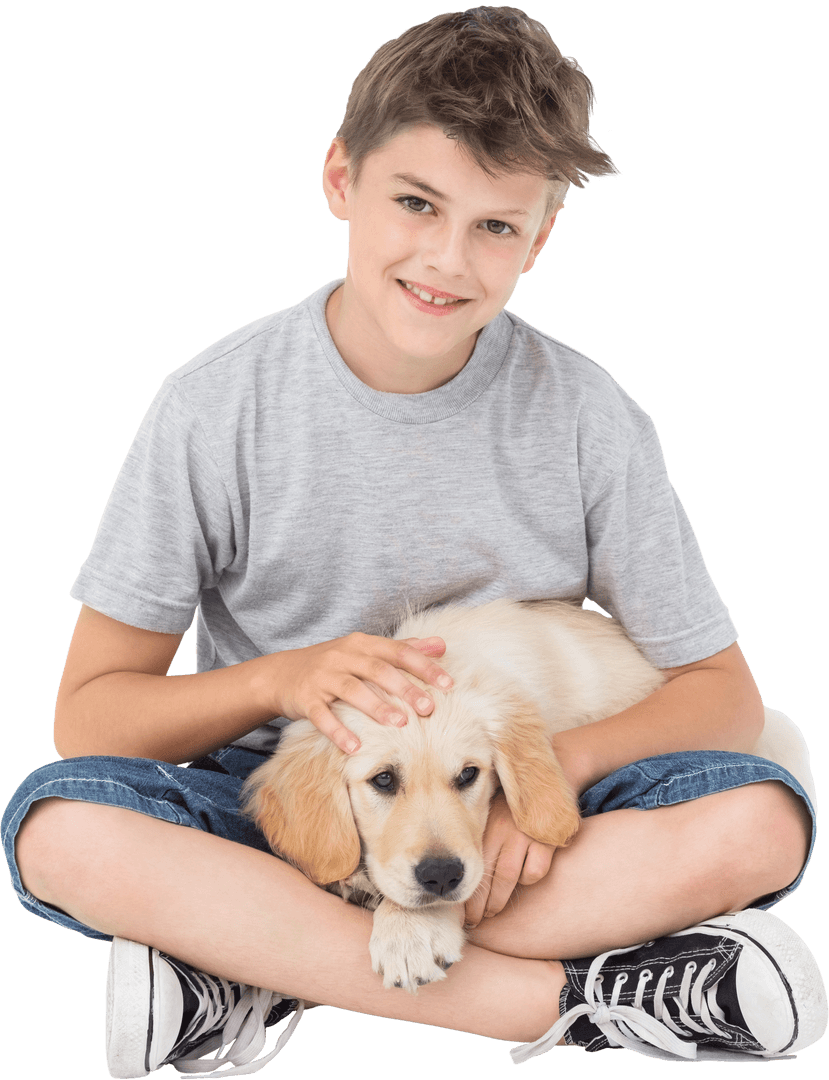 Smiling Boy Sitting with Dog in Loving Pose Transparent Background