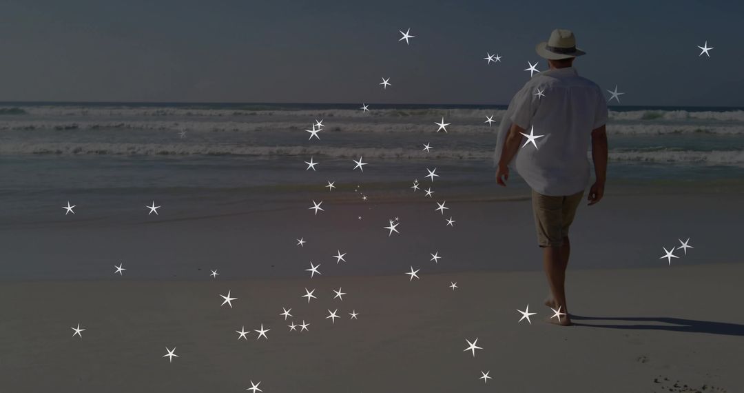 Man Strolling Barefoot on Serene Beach with Starry Overlay