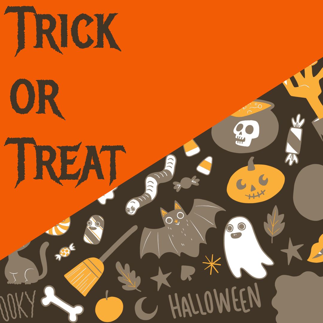 Colorful Halloween Design with Spooky Symbols and Trick or Treat Text