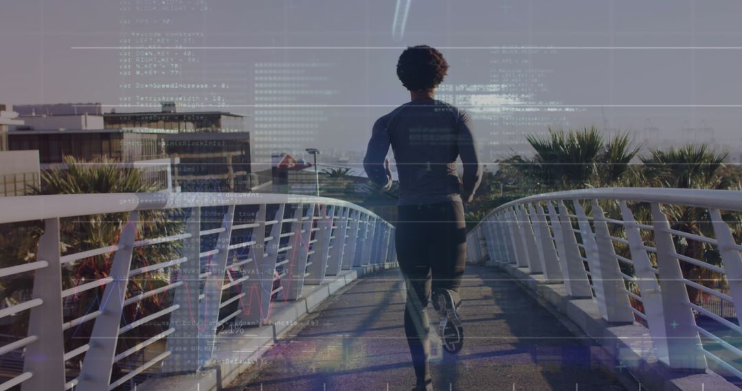 Athletic Man Running with Digital Programming Overlay
