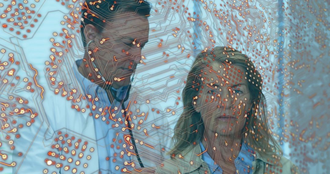 Doctor Examining Patient with Circuit Board Overlay