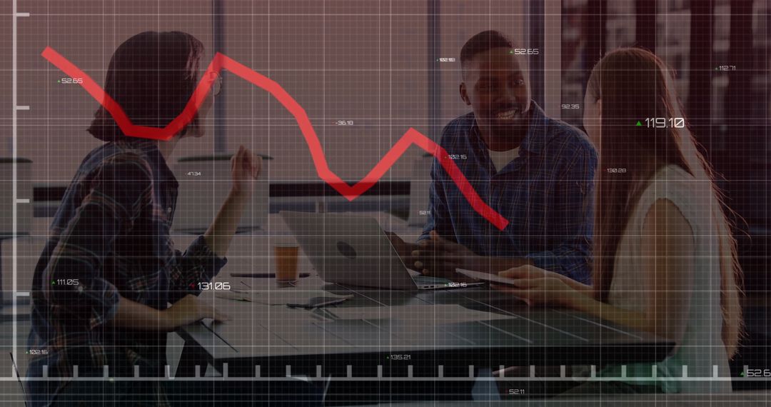 Diverse Team Collaborating in Modern Office with Financial Graph Overlay