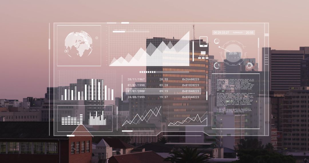 Financial Data Overlay with Modern Cityscape at Dusk