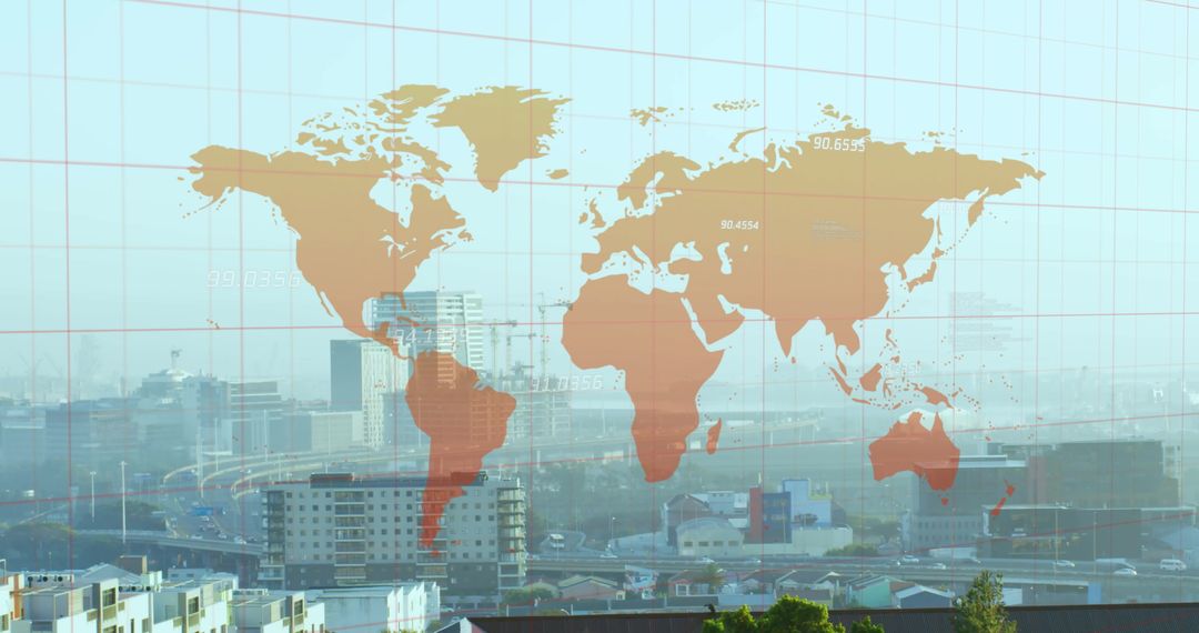 Digital World Map with Financial Data Overlay on Cityscape